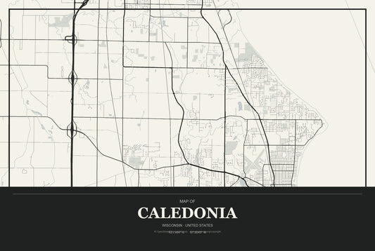 Caledonia, Wisconsin City Map Aluminum Sign in Museum Plaque style