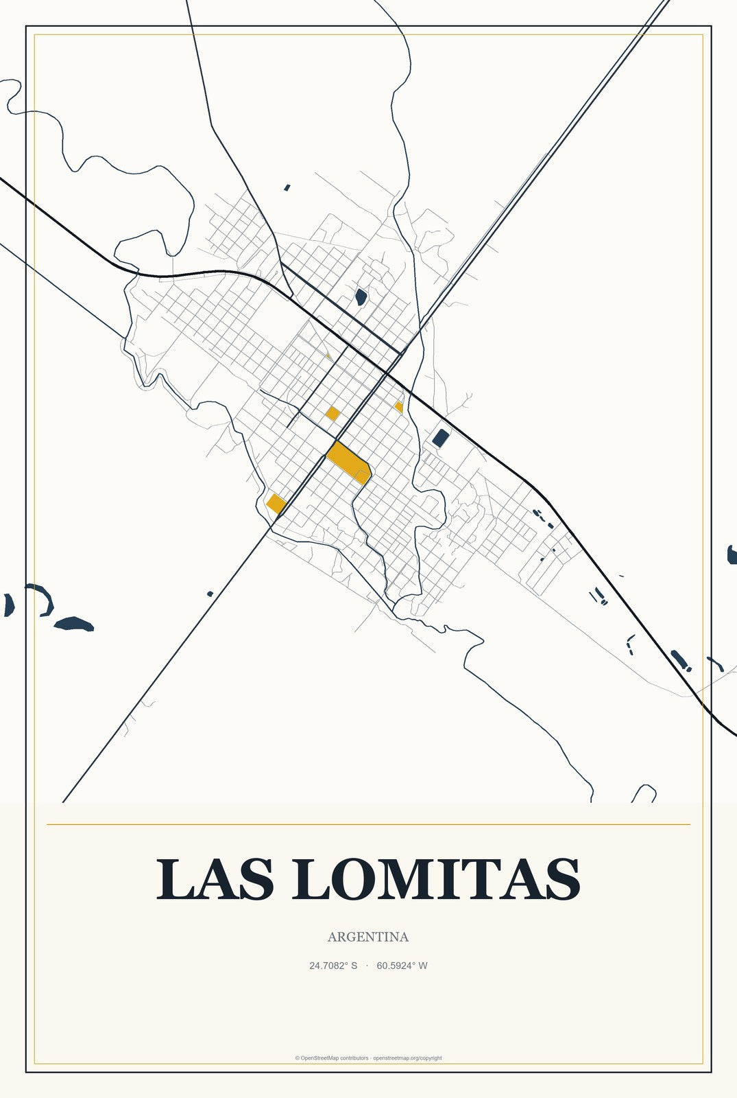 Las Lomitas, Argentina City Map Aluminum Sign in Citrine Modern style