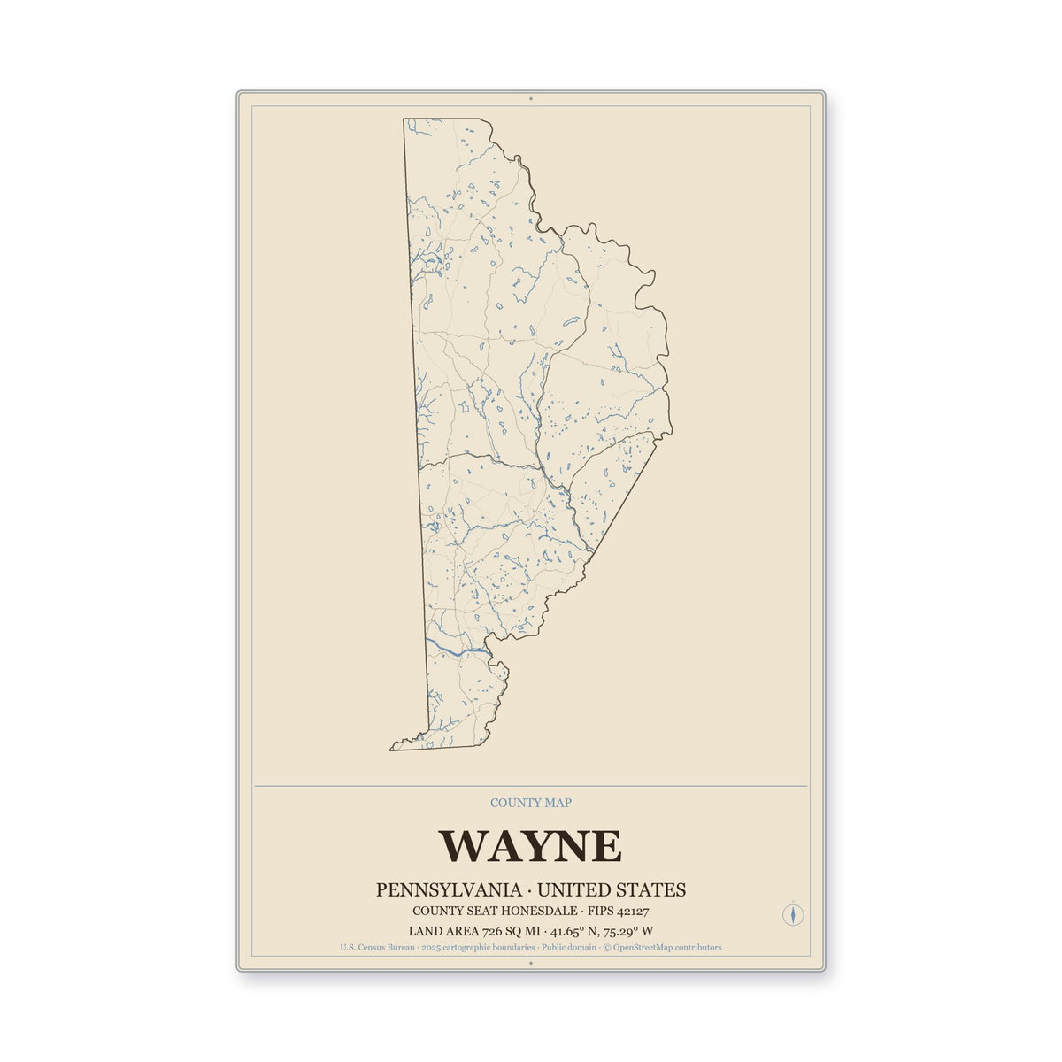 Wayne County, Pennsylvania Map Aluminum Sign in Heritage Nautical style