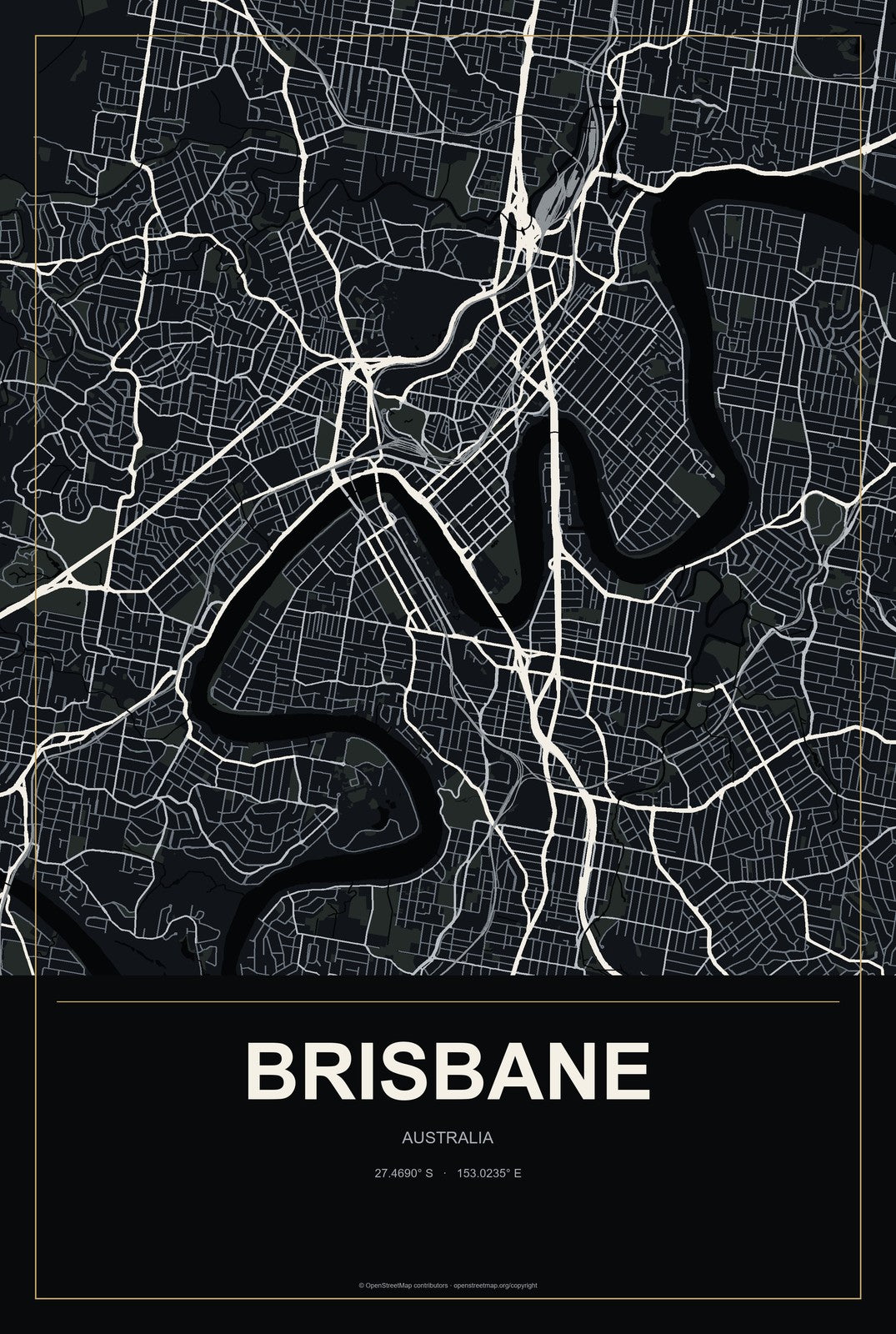 Brisbane, Australia City Map Aluminum Sign in Metropolitan Noir style