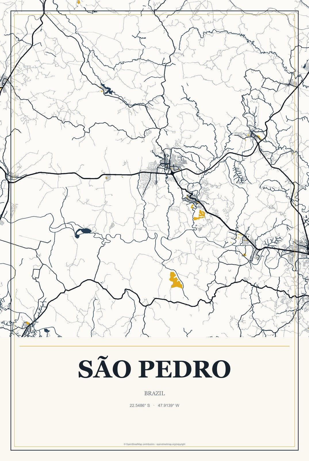 São Pedro, Brazil City Map Aluminum Sign in Citrine Modern style