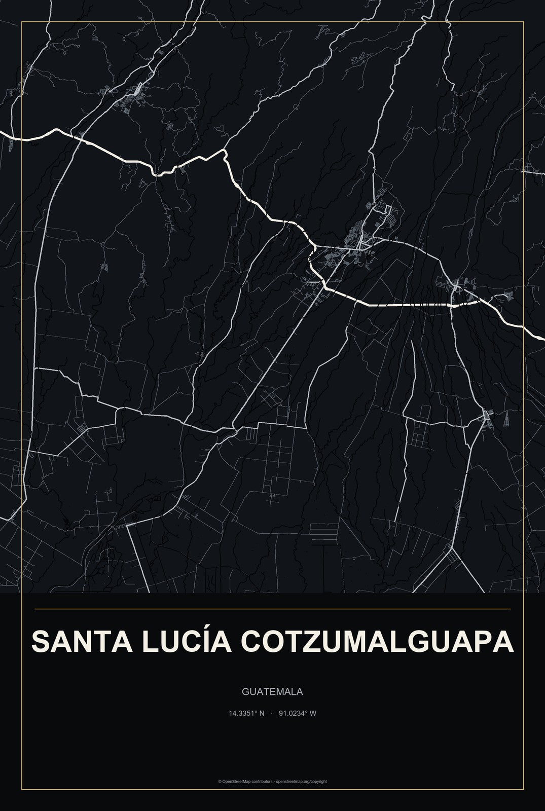 Santa Lucía Cotzumalguapa, Guatemala City Map Aluminum Sign in Metropolitan Noir style