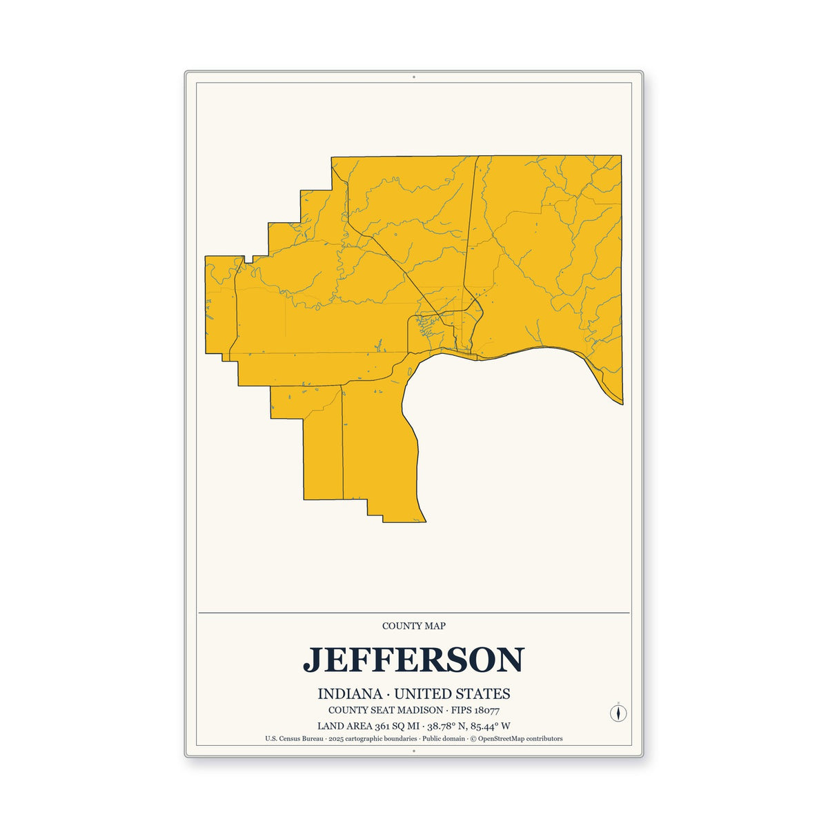 Jefferson County, Indiana Map Aluminum Sign in Citrine Modern style