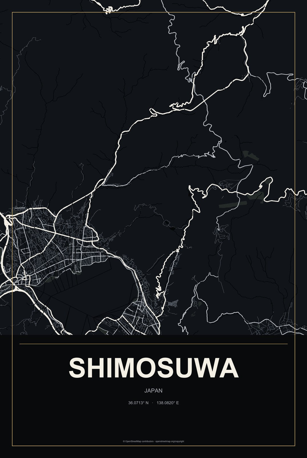Shimosuwa, Japan City Map Aluminum Sign in Metropolitan Noir style