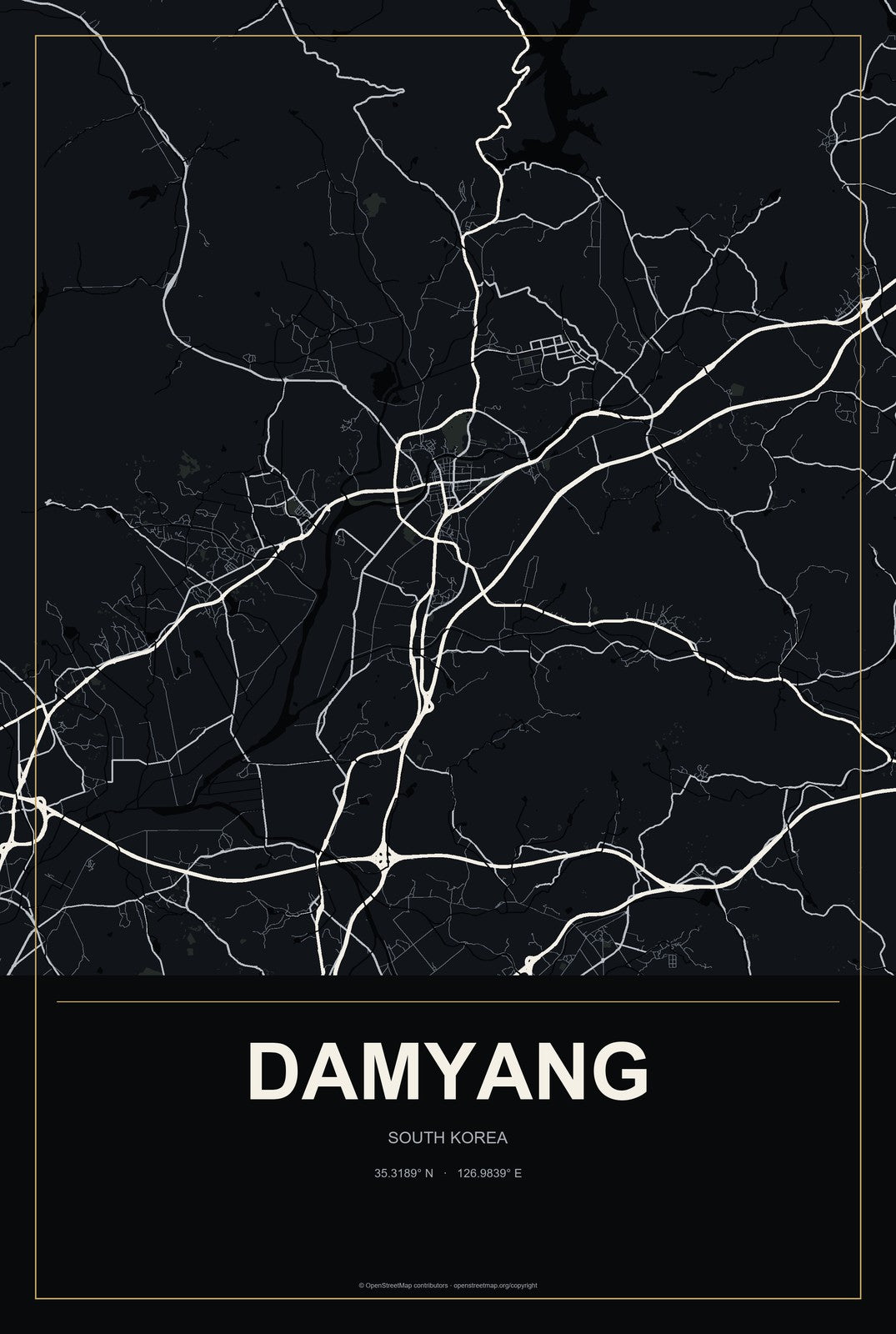 Damyang, South Korea City Map Aluminum Sign in Metropolitan Noir style
