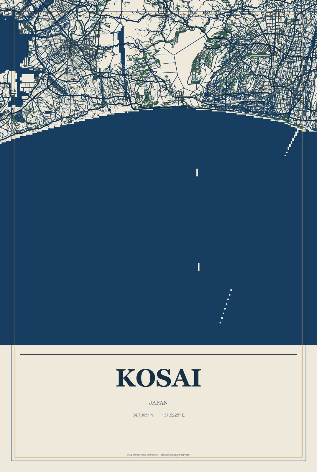 Kosai, Japan City Map Aluminum Sign in Coastal Cutout style