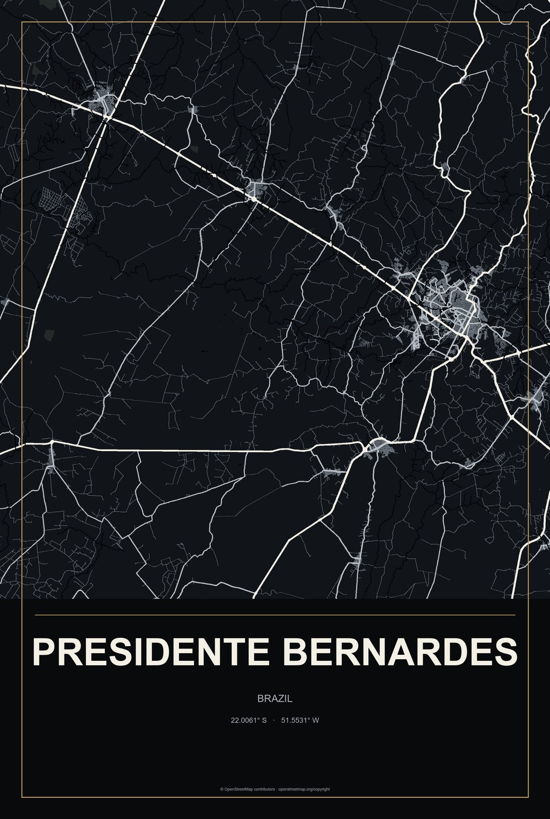 Presidente Bernardes, Brazil City Map Aluminum Sign in Metropolitan Noir style