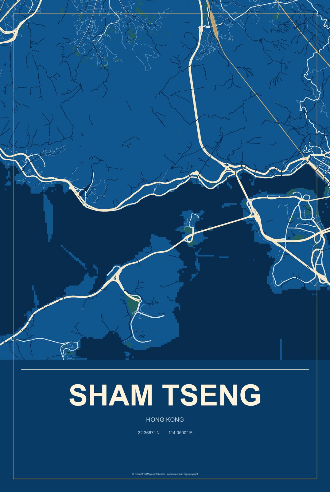Sham Tseng, Hong Kong City Map Aluminum Sign in Harbor Cobalt style