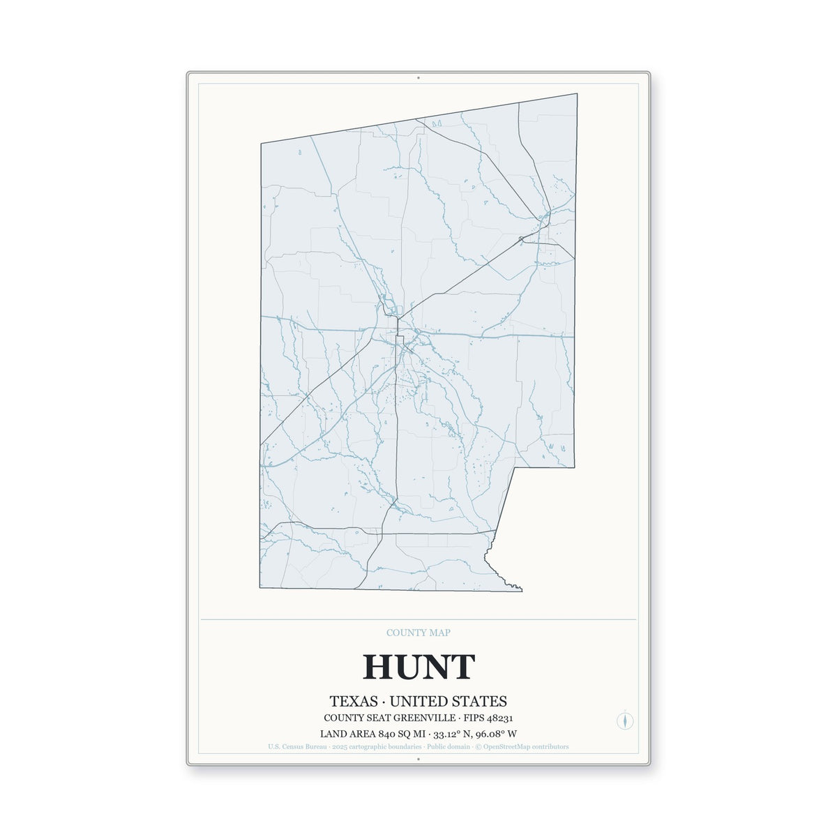 Hunt County, Texas Map Aluminum Sign in Gallery Air style