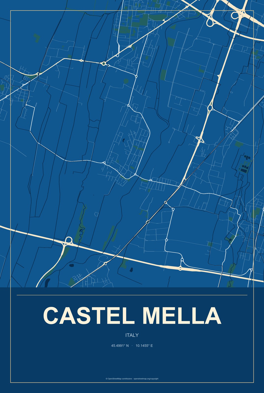 Castel Mella, Italy City Map Aluminum Sign in Harbor Cobalt style