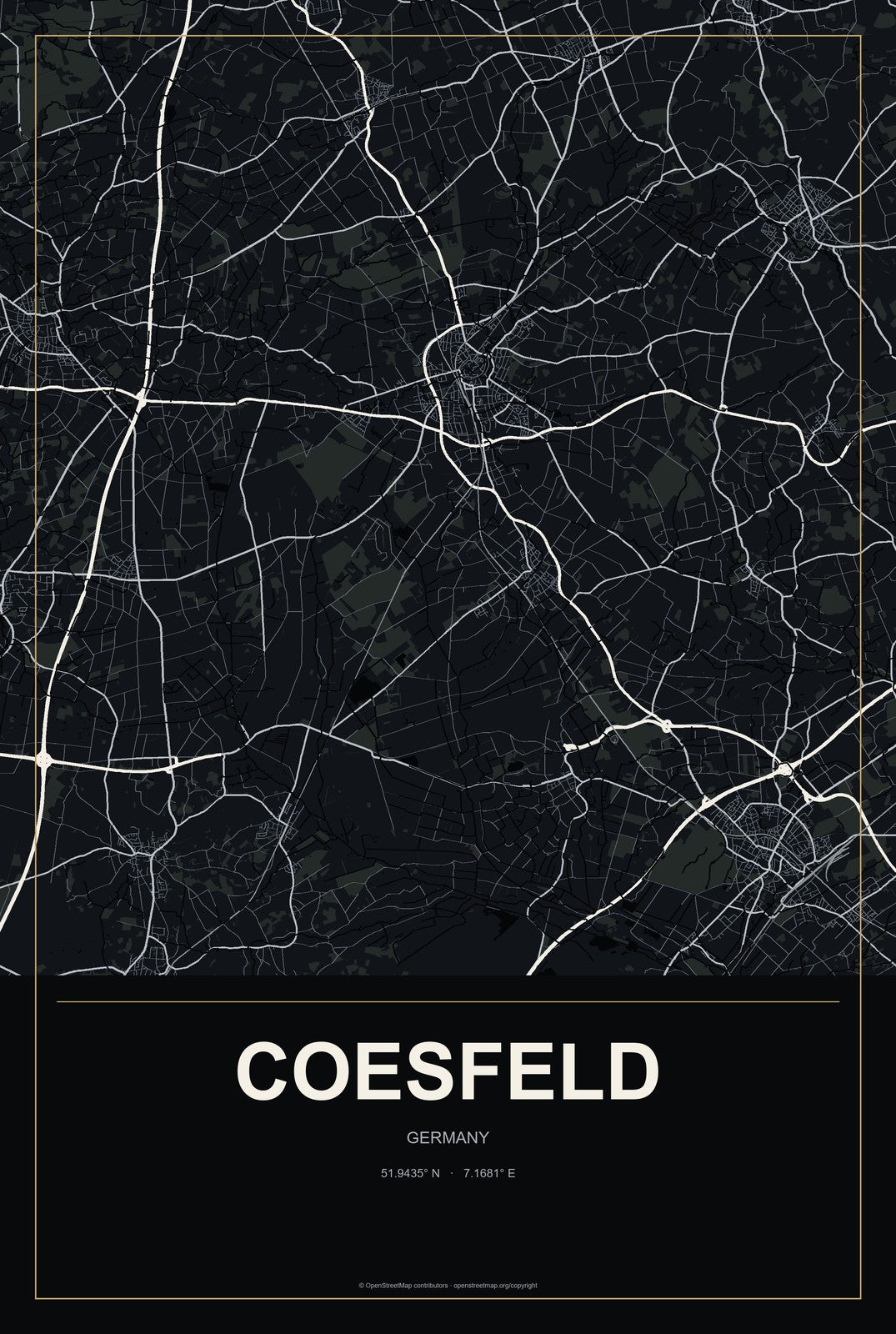 Coesfeld, Germany City Map Aluminum Sign in Metropolitan Noir style