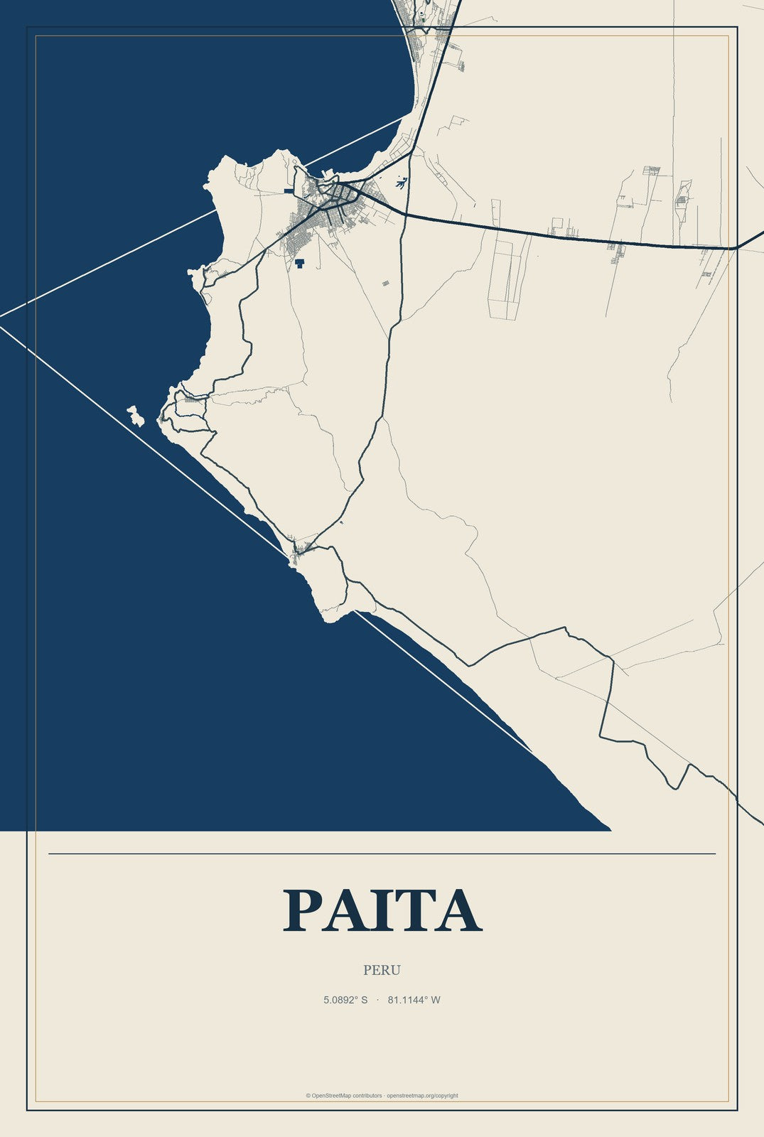 Paita, Peru City Map Aluminum Sign in Coastal Cutout style