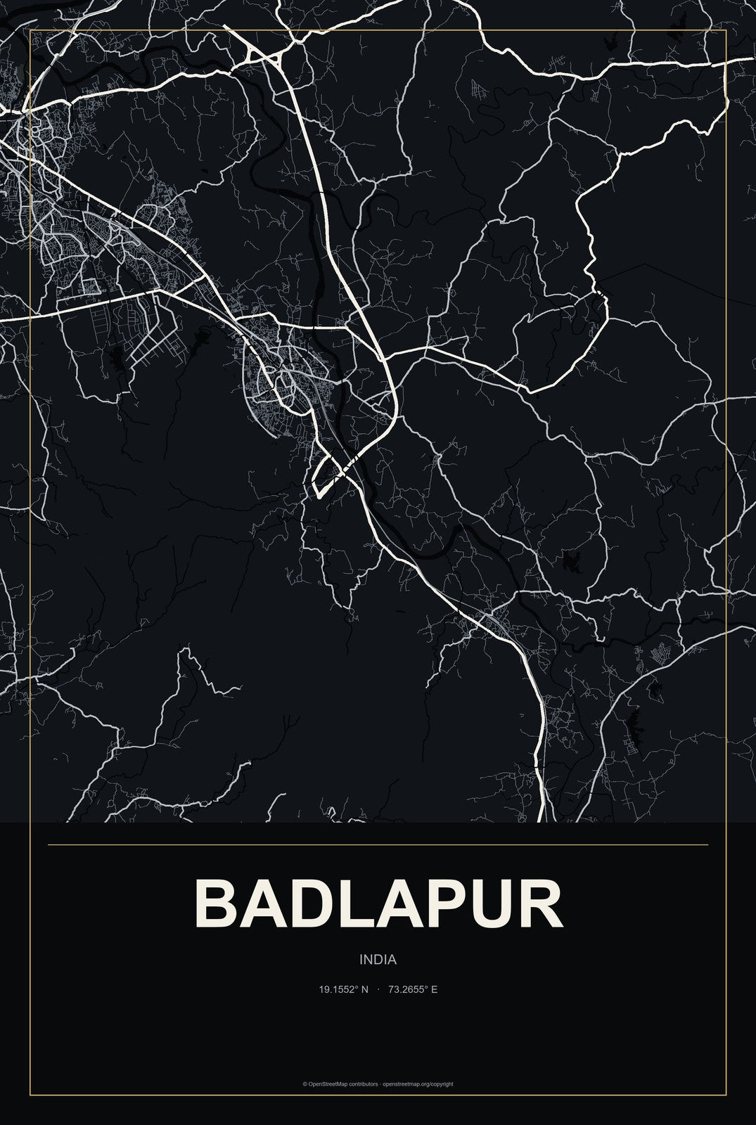 Badlapur, India City Map Aluminum Sign in Metropolitan Noir style