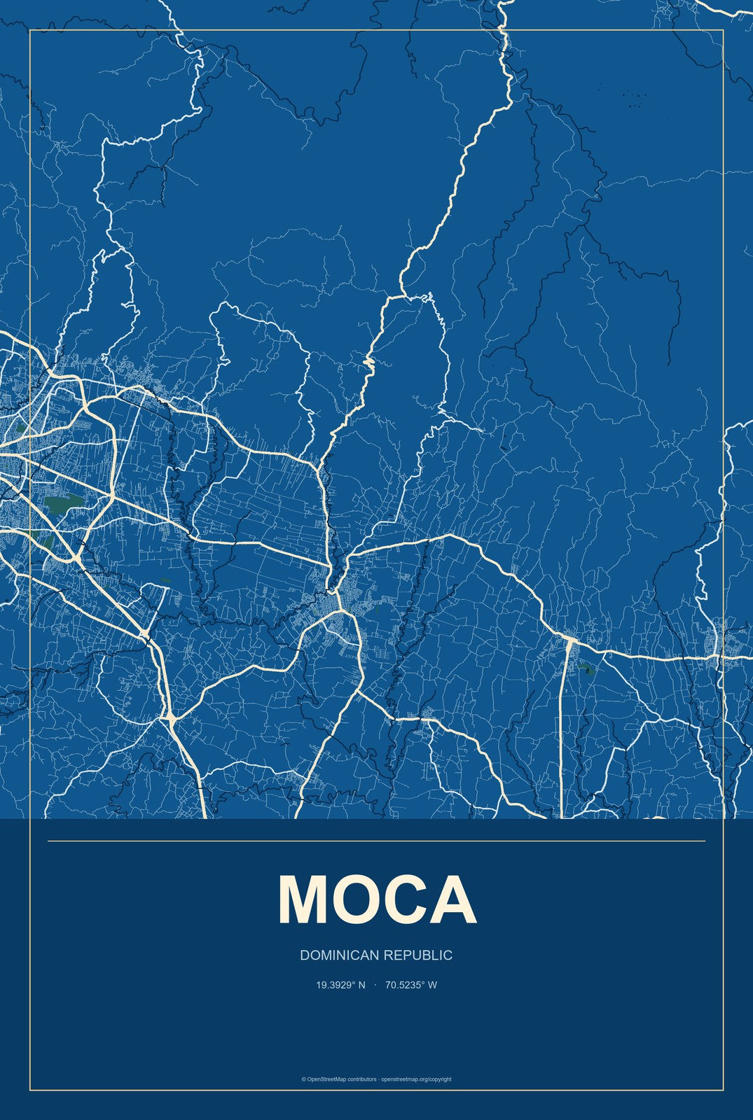 Moca, Dominican Republic City Map Aluminum Sign in Harbor Cobalt style