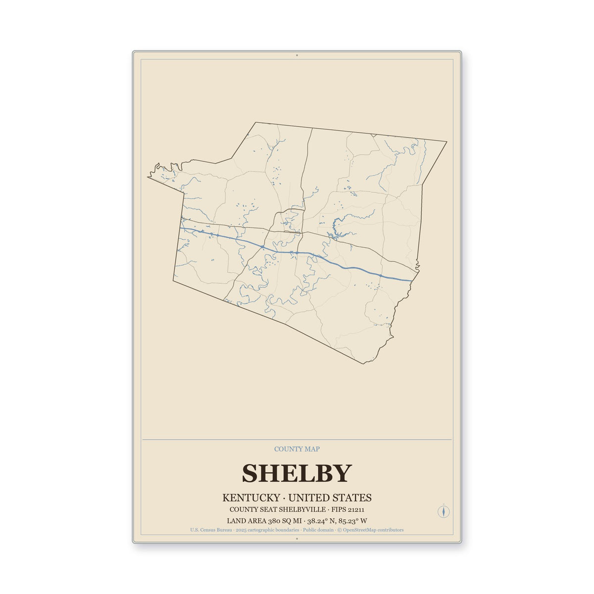 Shelby County, Kentucky Map Aluminum Sign in Heritage Nautical style