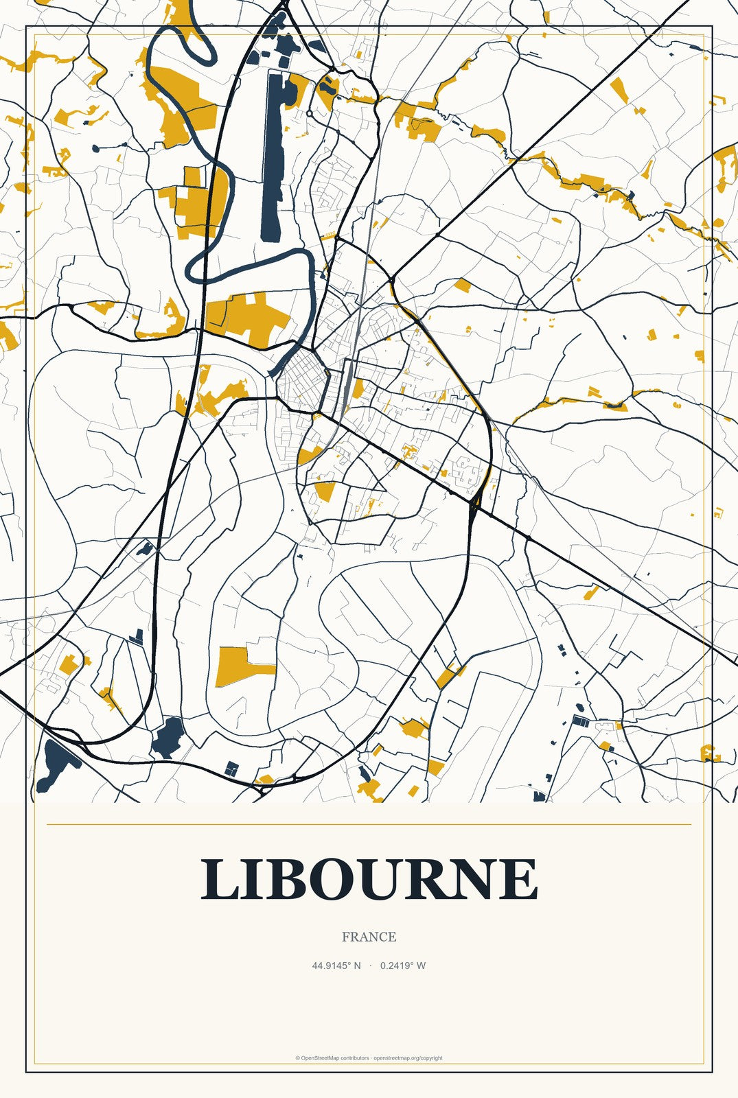 Libourne, France City Map Aluminum Sign in Citrine Modern style