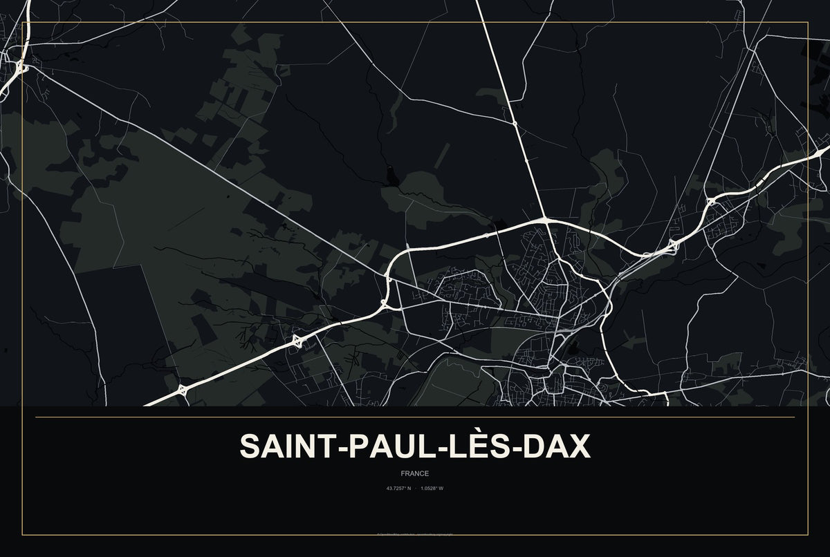 Saint-Paul-lès-Dax, France City Map Aluminum Sign in Metropolitan Noir style