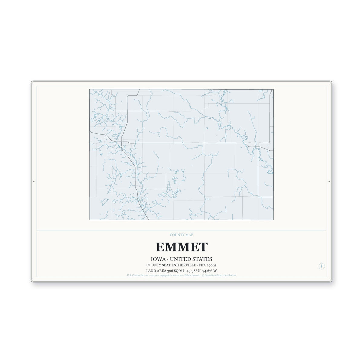 Emmet County, Iowa Map Aluminum Sign in Gallery Air style