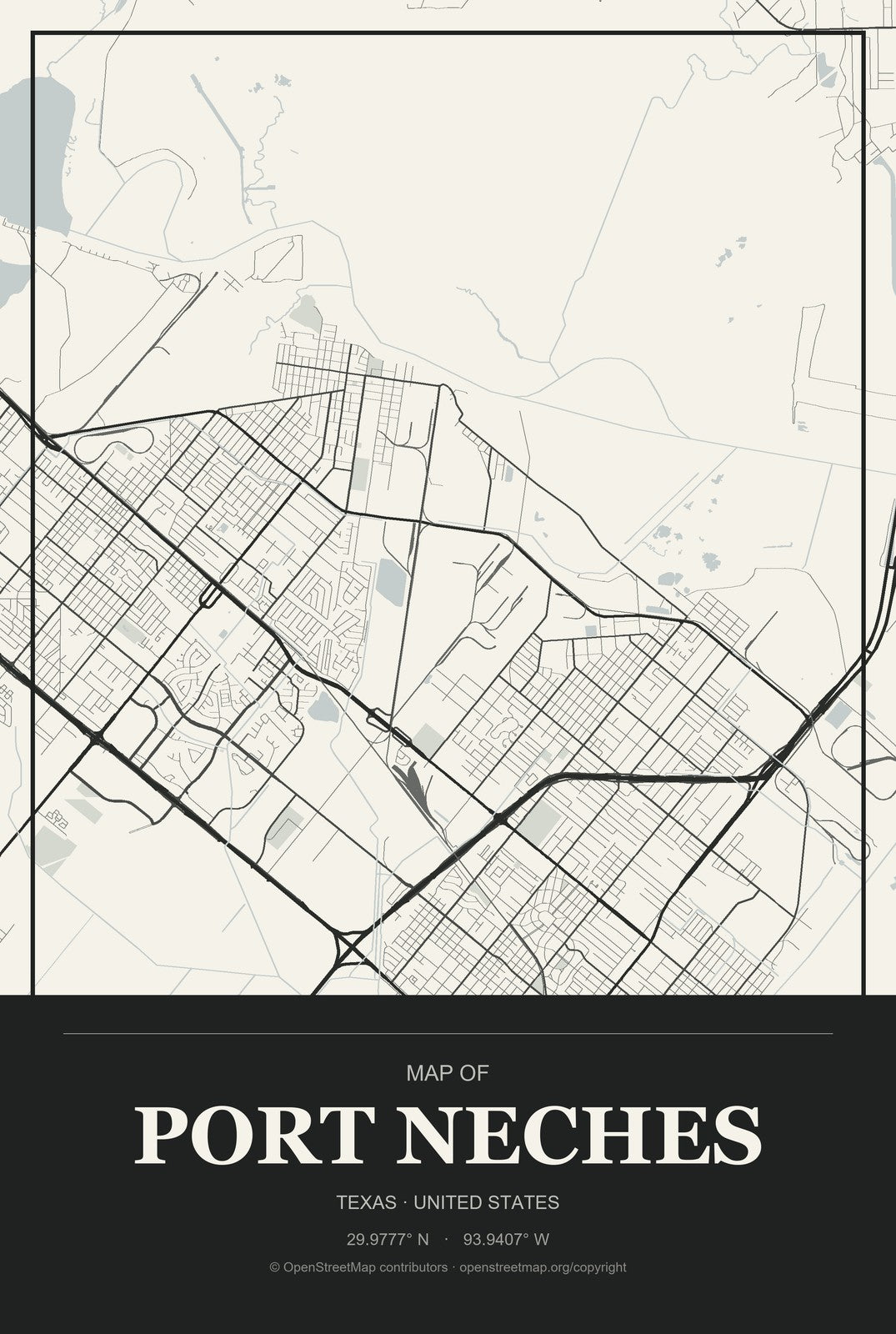 Port Neches, Texas City Map Aluminum Sign in Museum Plaque style