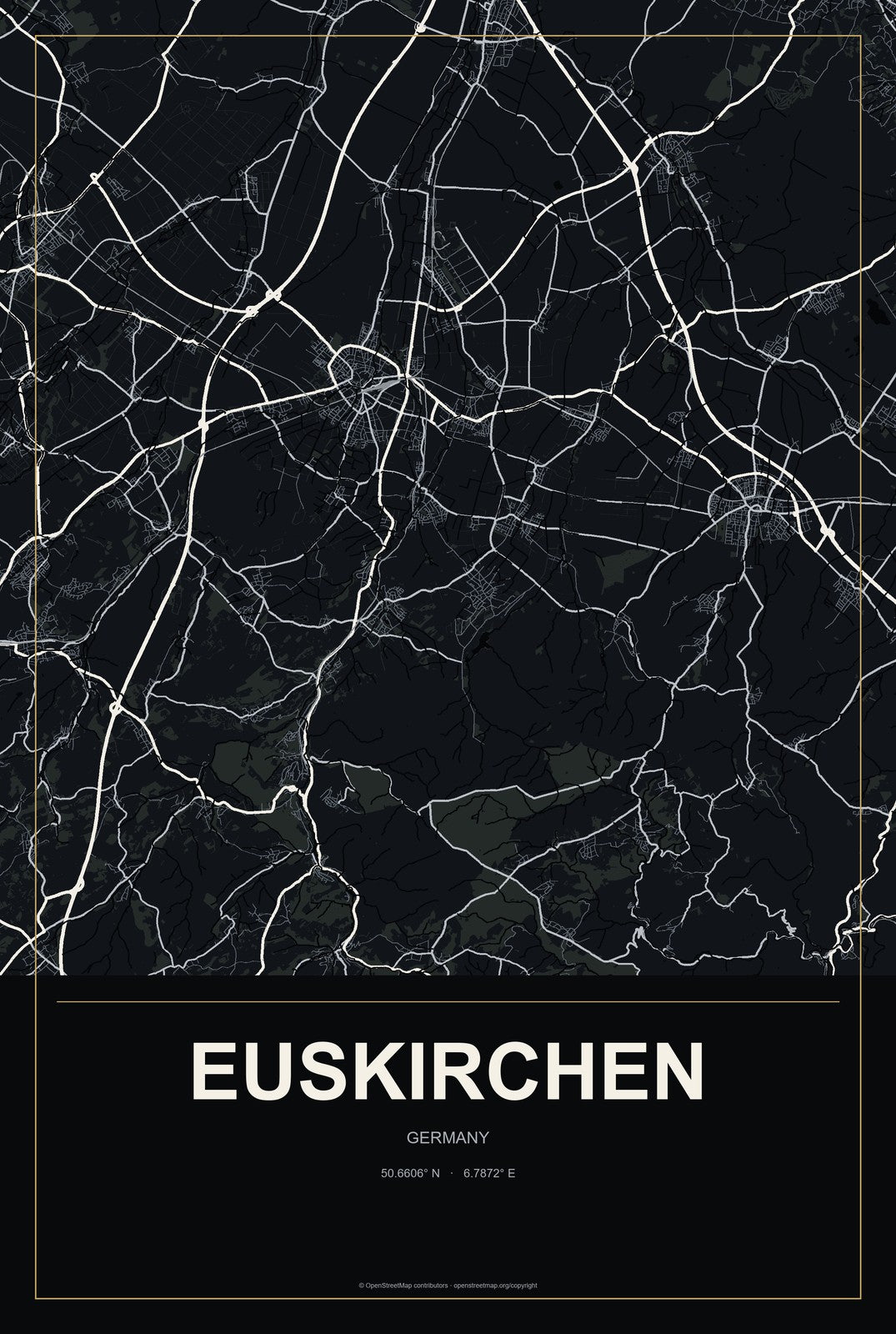 Euskirchen, Germany City Map Aluminum Sign in Metropolitan Noir style