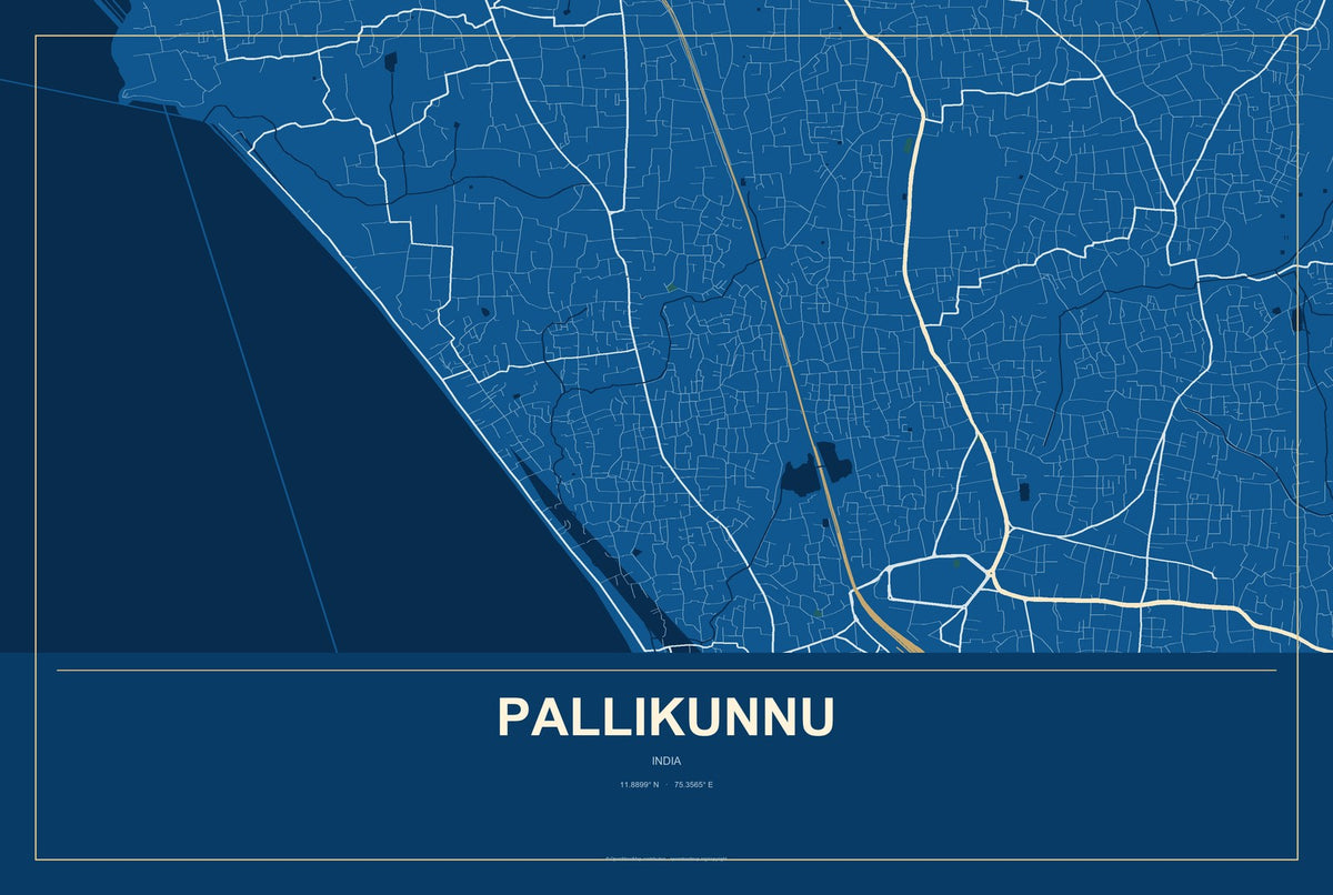 Pallikunnu, India City Map Aluminum Sign in Harbor Cobalt style