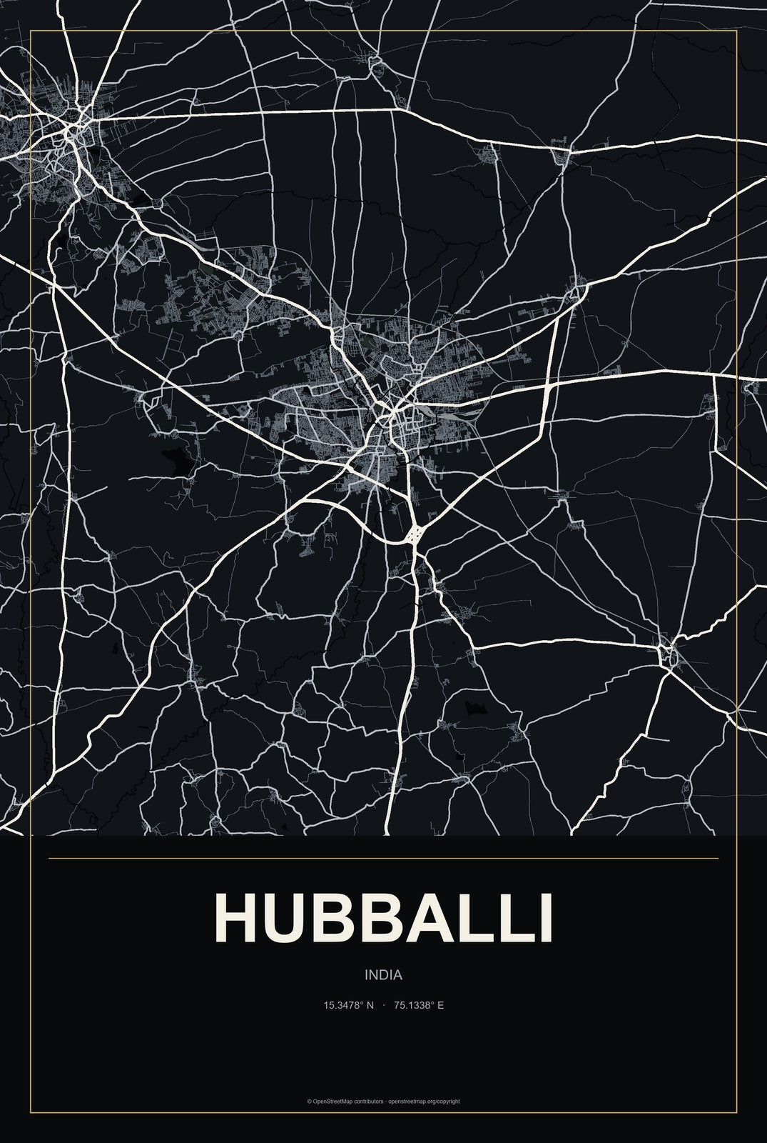 Hubballi, India City Map Aluminum Sign in Metropolitan Noir style
