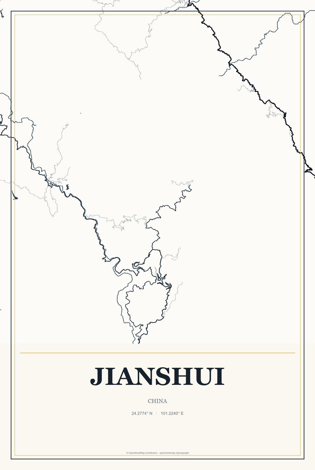 Jianshui, China City Map Aluminum Sign in Citrine Modern style