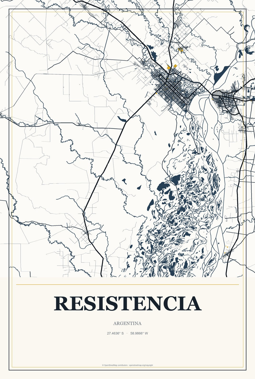 Resistencia, Argentina City Map Aluminum Sign in Citrine Modern style