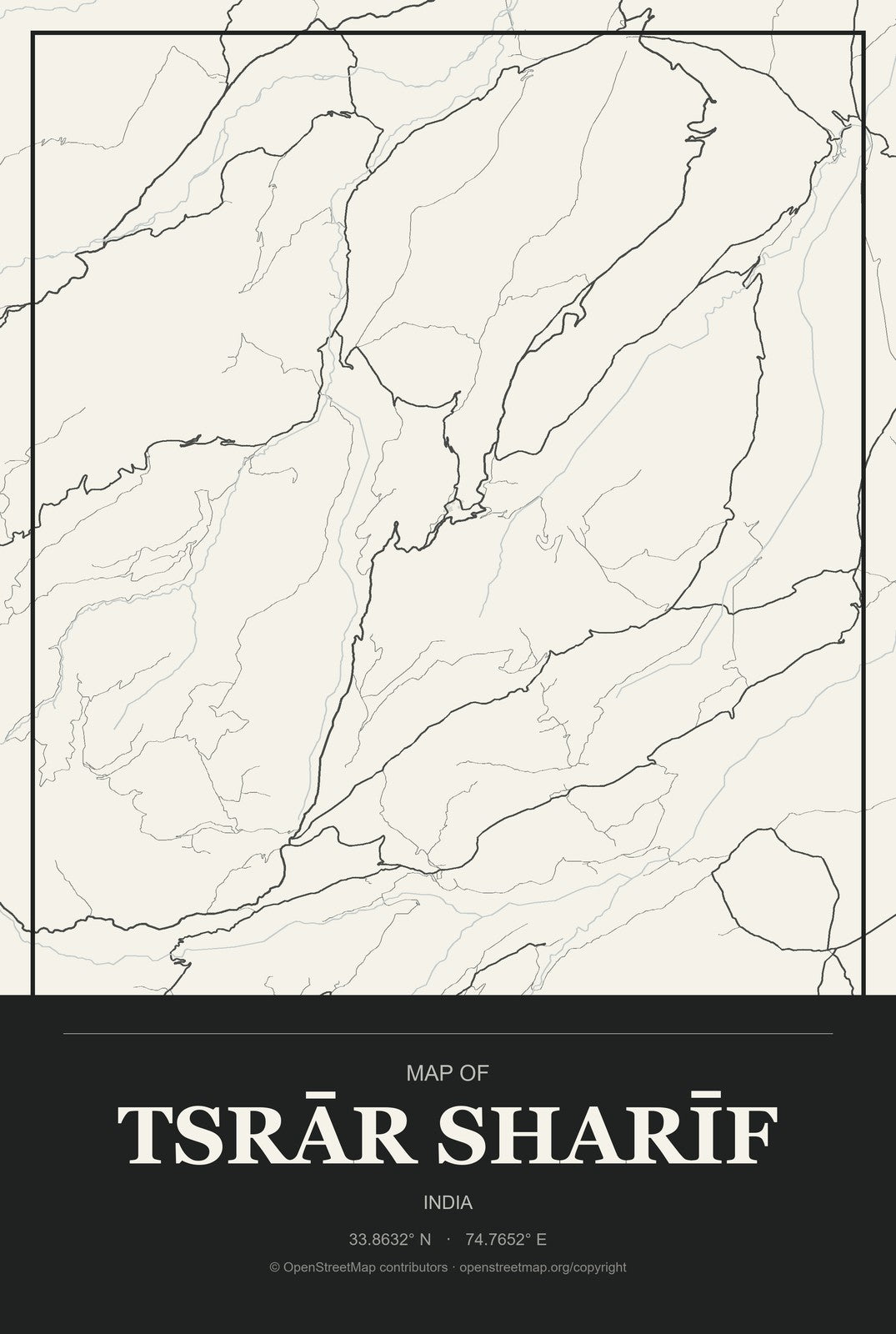 Tsrār Sharīf, India City Map Aluminum Sign in Museum Plaque style