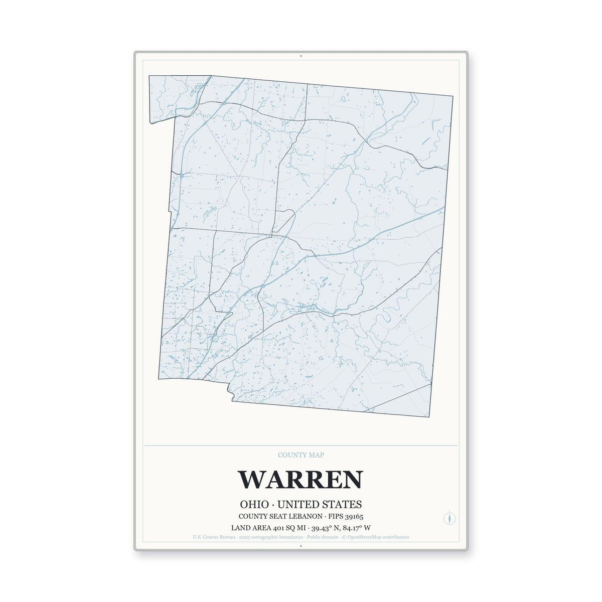 Warren County, Ohio Map Aluminum Sign in Gallery Air style