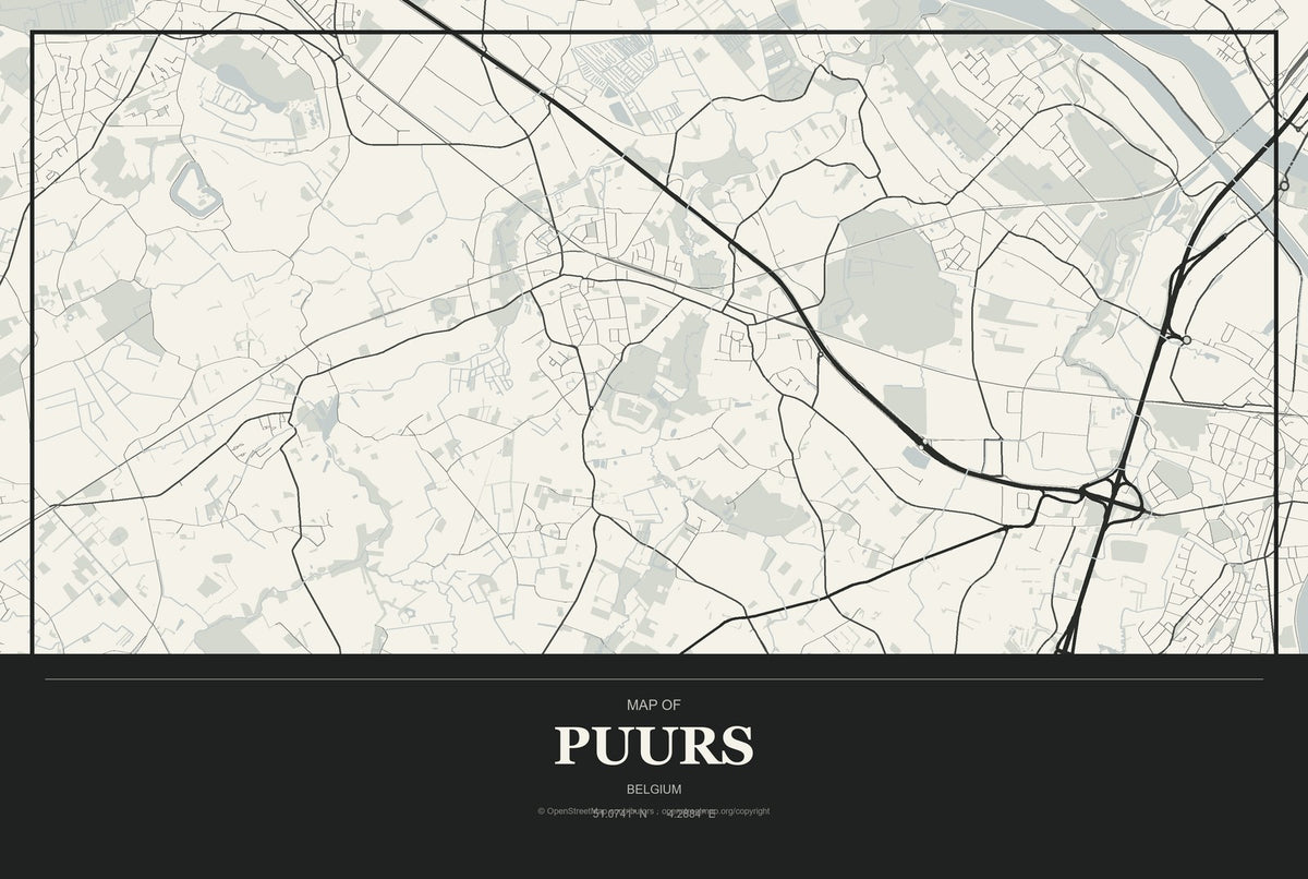 Puurs, Belgium City Map Aluminum Sign in Museum Plaque style