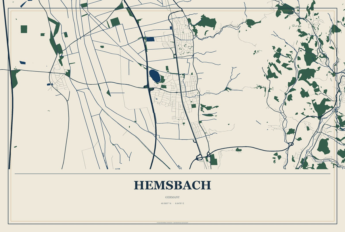 Hemsbach, Germany City Map Aluminum Sign in Coastal Cutout style
