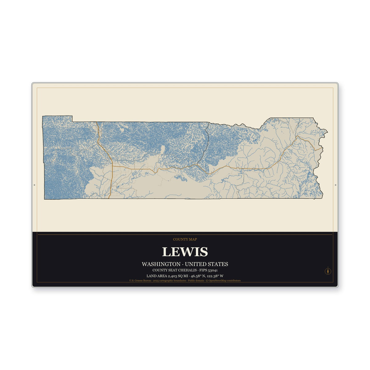 Lewis County, Washington Map Aluminum Sign in Museum Plaque style