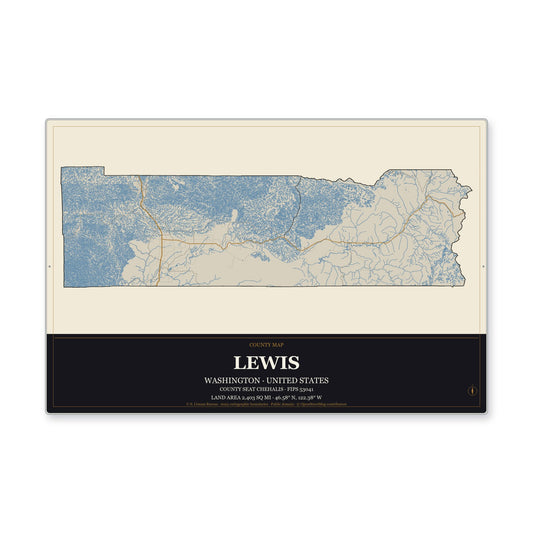 Lewis County, Washington Map Aluminum Sign in Museum Plaque style