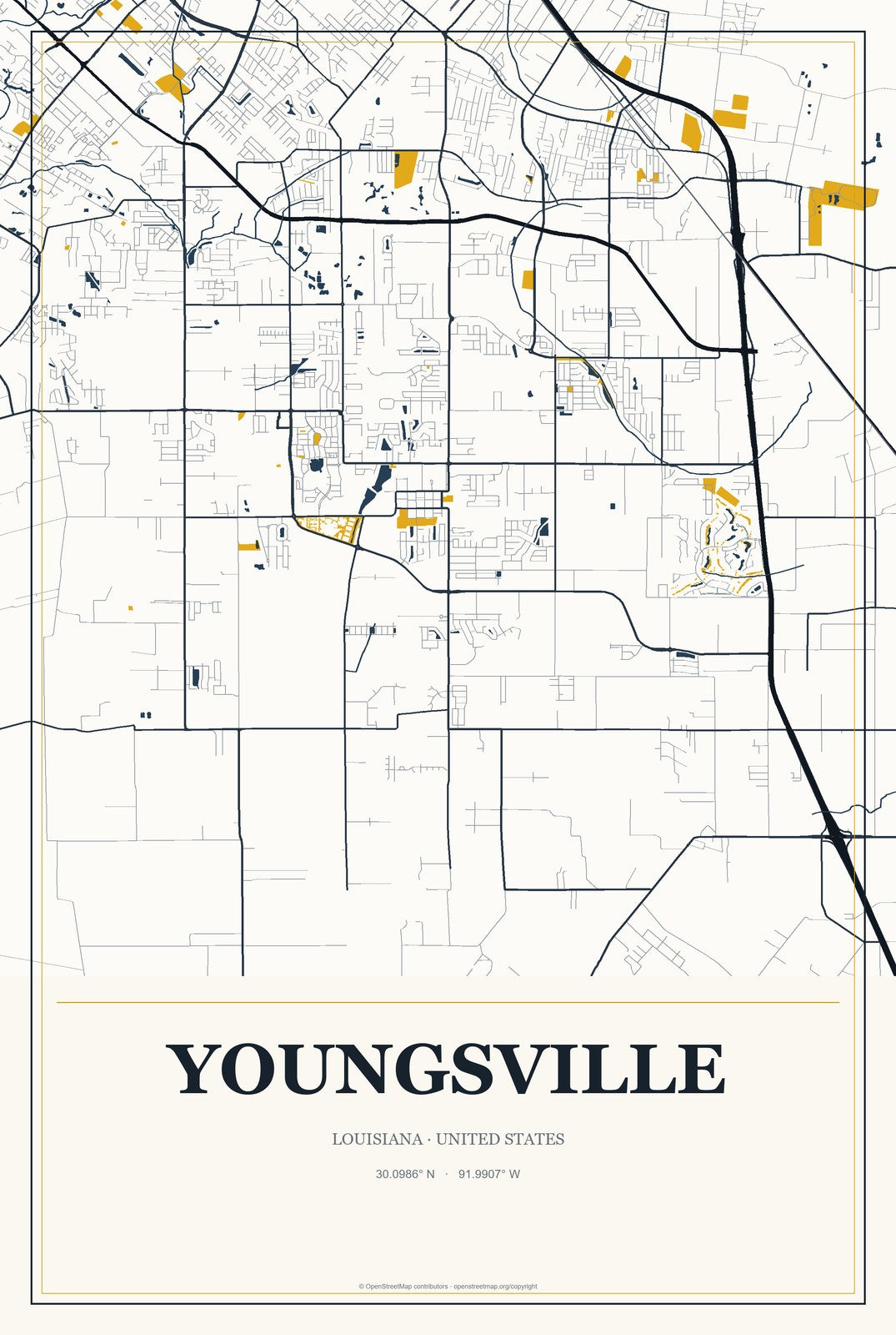 Youngsville, Louisiana City Map Aluminum Sign in Citrine Modern style