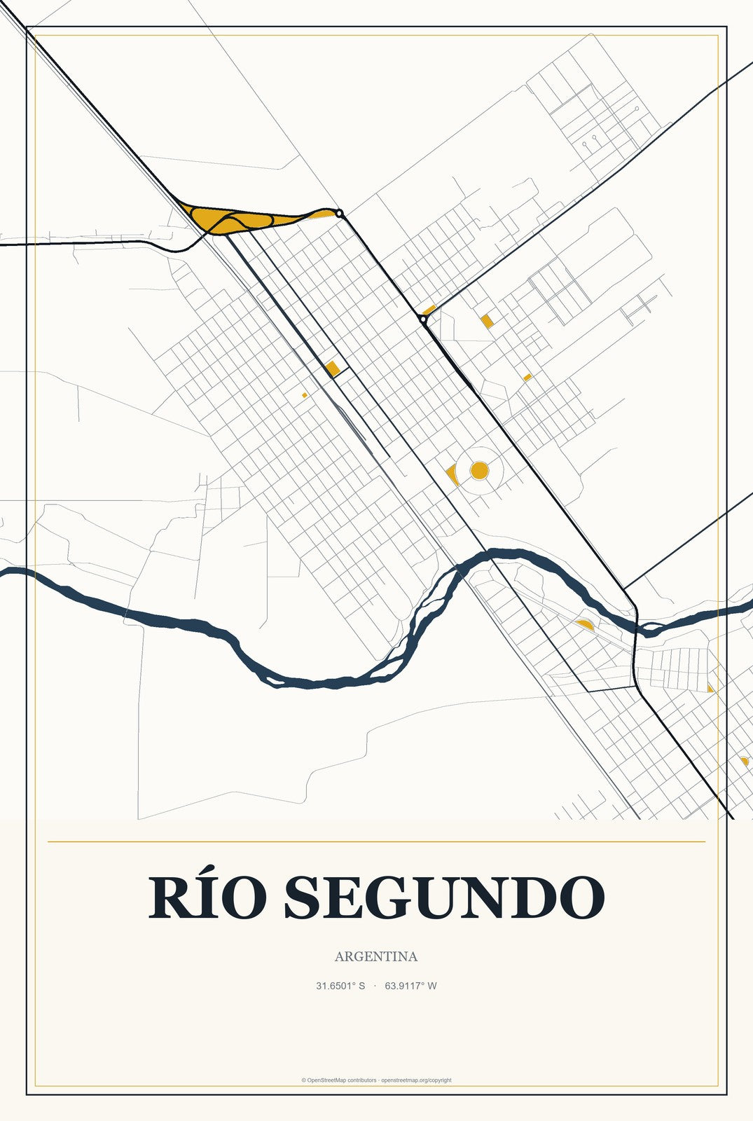 Río Segundo, Argentina City Map Aluminum Sign in Citrine Modern style