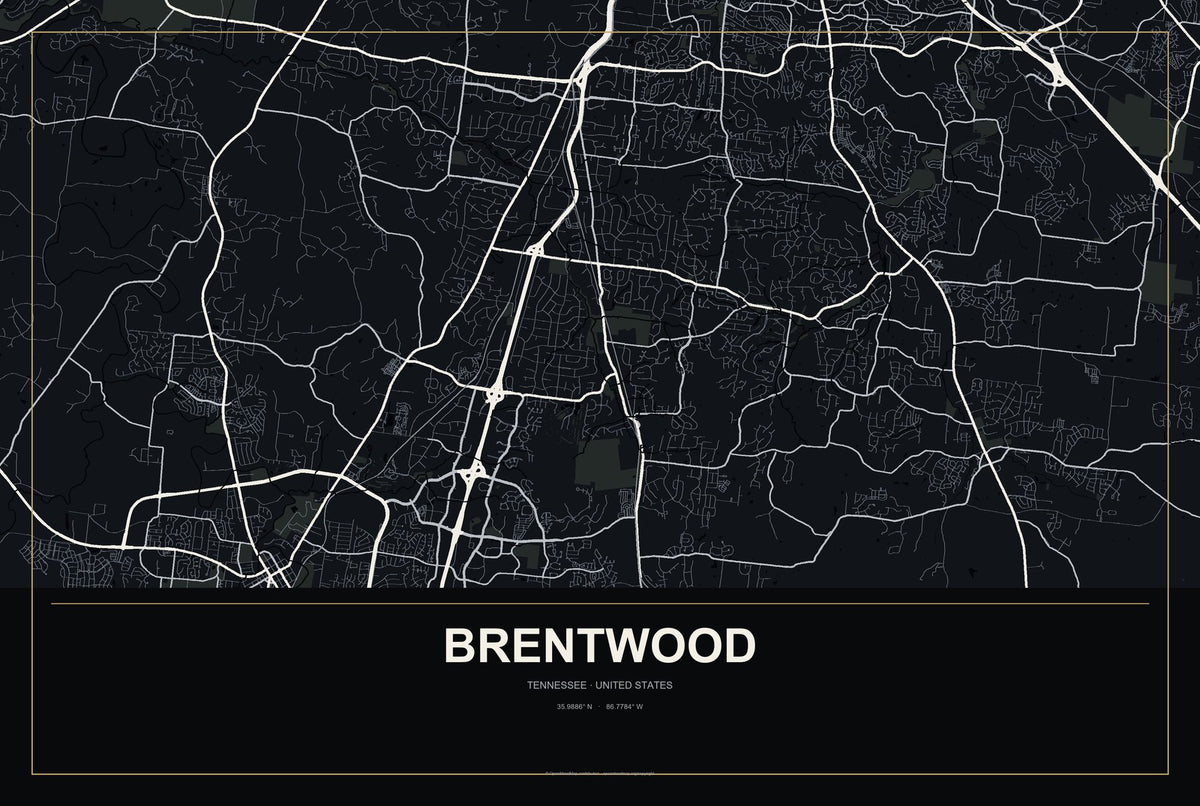 Brentwood, Tennessee City Map Aluminum Sign in Metropolitan Noir style