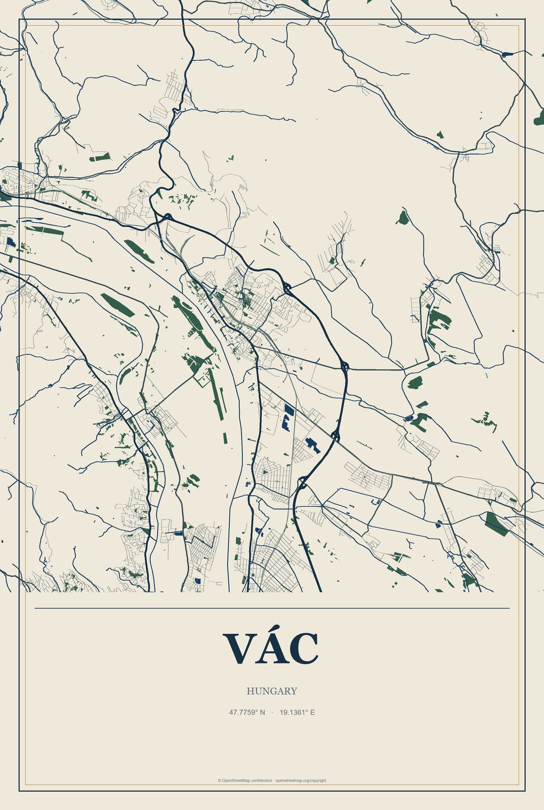 Vác, Hungary City Map Aluminum Sign in Coastal Cutout style