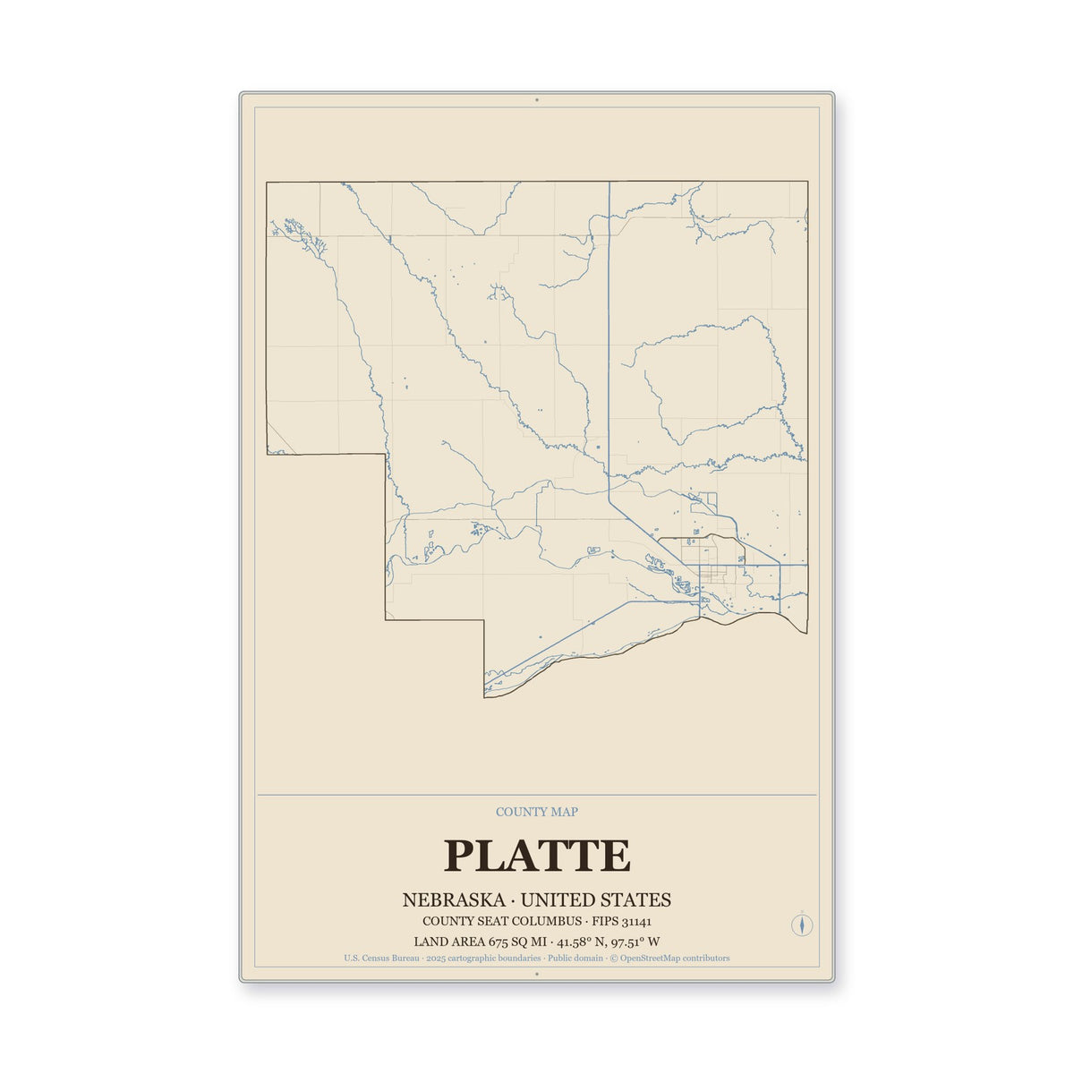 Platte County, Nebraska Map Aluminum Sign in Heritage Nautical style