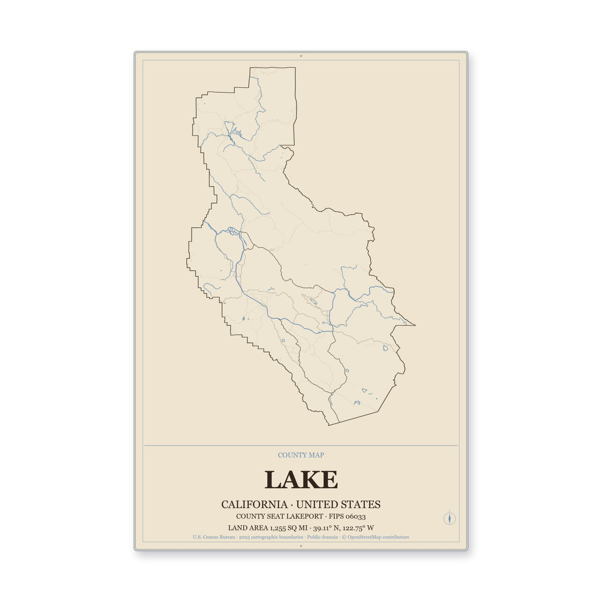 Lake County, California Map Aluminum Sign in Heritage Nautical style
