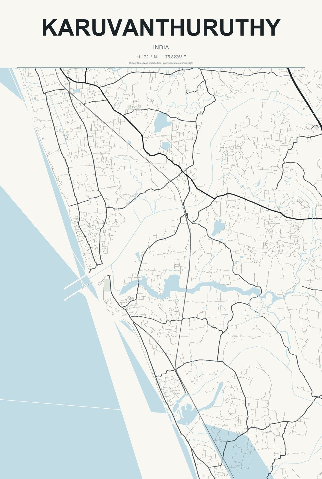 Karuvanthuruthy, India City Map Aluminum Sign in Headline Atlas style