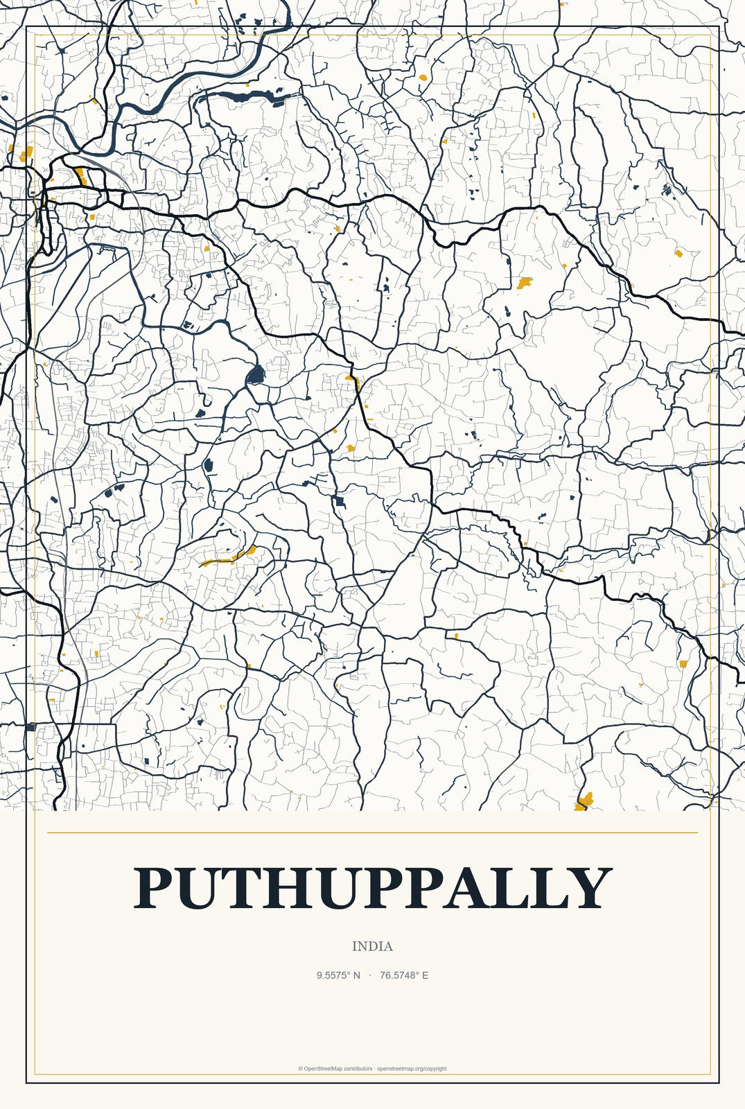 Puthuppally, India City Map Aluminum Sign in Citrine Modern style