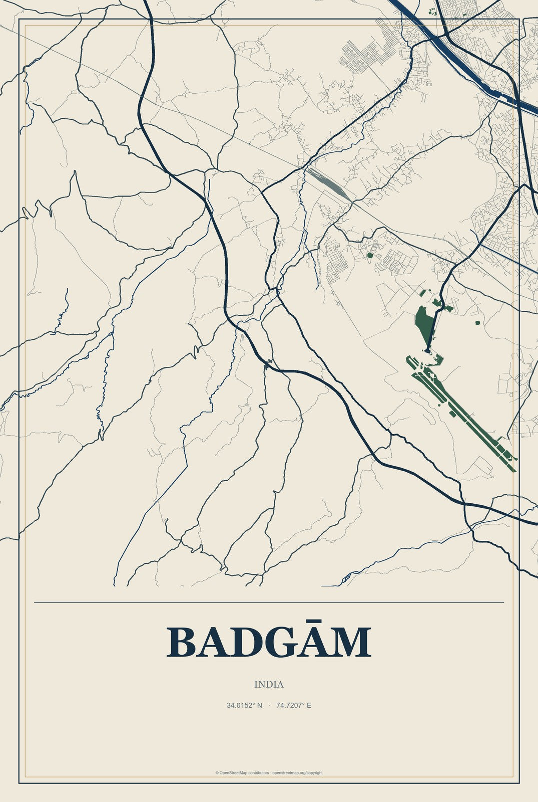Badgām, India City Map Aluminum Sign in Coastal Cutout style