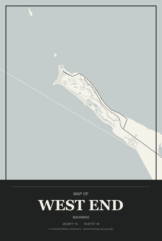 West End, Bahamas City Map Aluminum Sign in Museum Plaque style