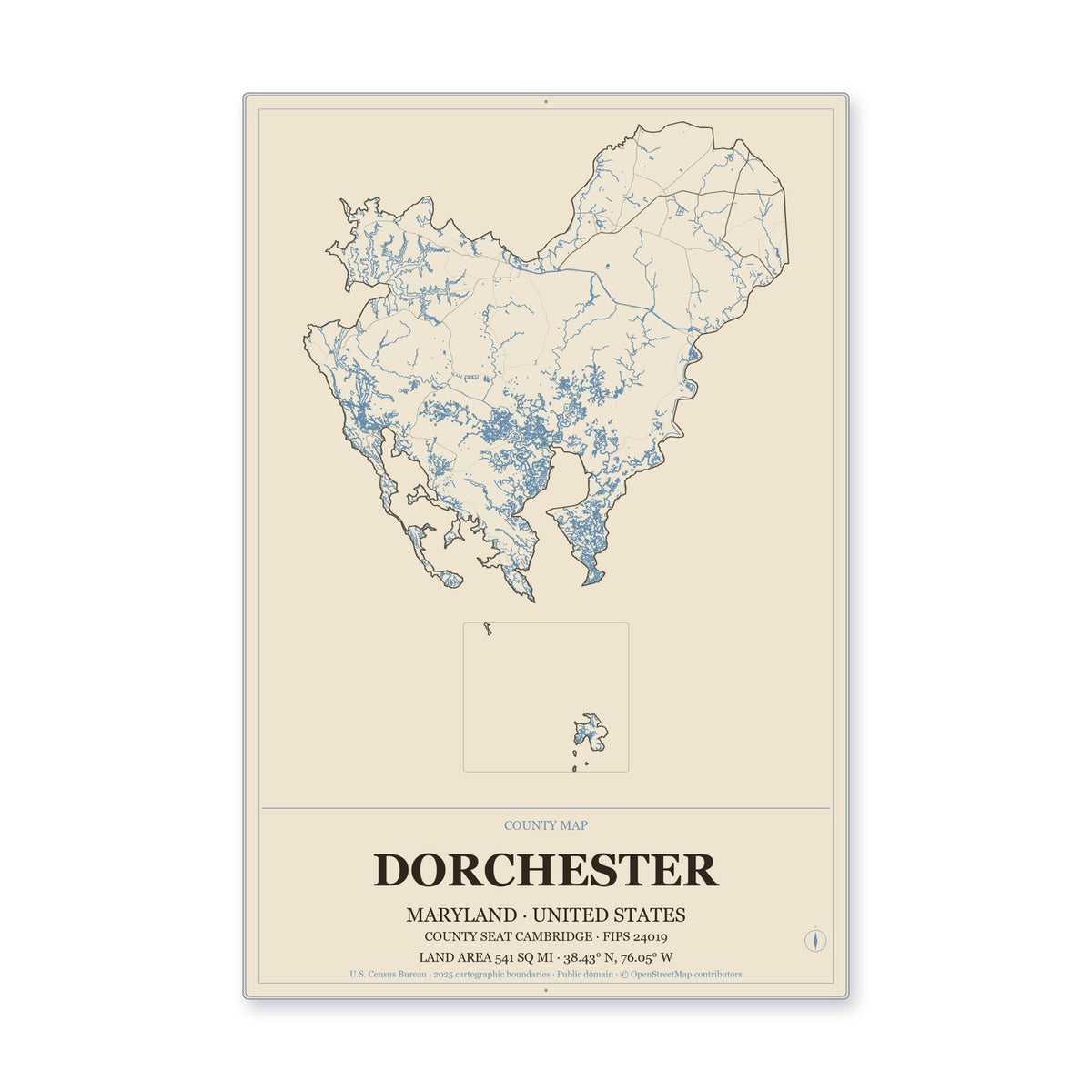 Dorchester County, Maryland Map Aluminum Sign in Heritage Nautical style