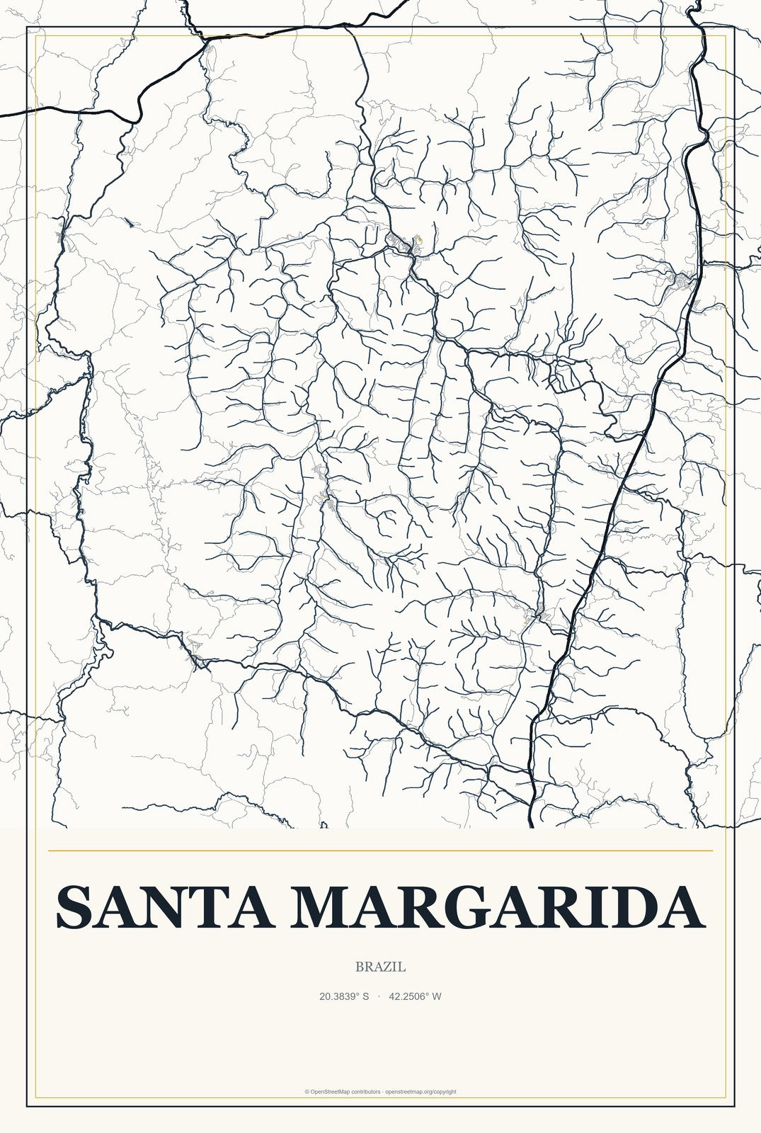 Santa Margarida, Brazil City Map Aluminum Sign in Citrine Modern style
