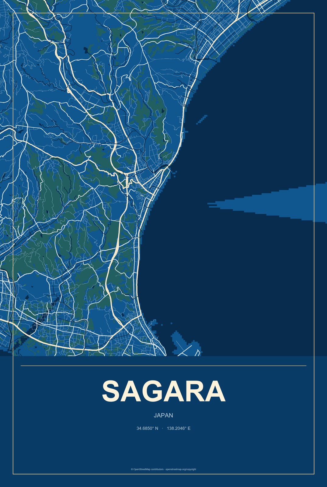 Sagara, Japan City Map Aluminum Sign in Harbor Cobalt style
