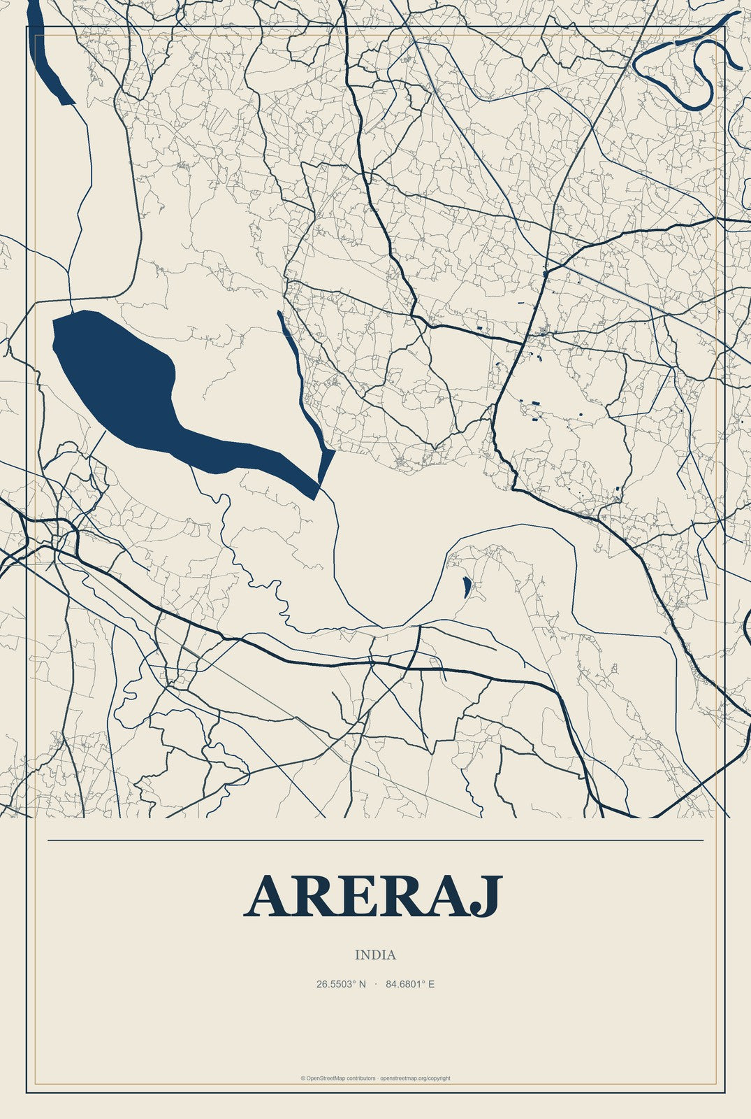Areraj, India City Map Aluminum Sign in Coastal Cutout style