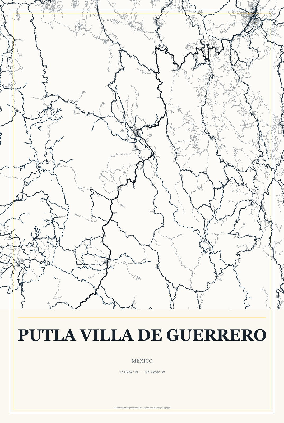 Putla Villa de Guerrero, Mexico City Map Aluminum Sign in Citrine Modern style