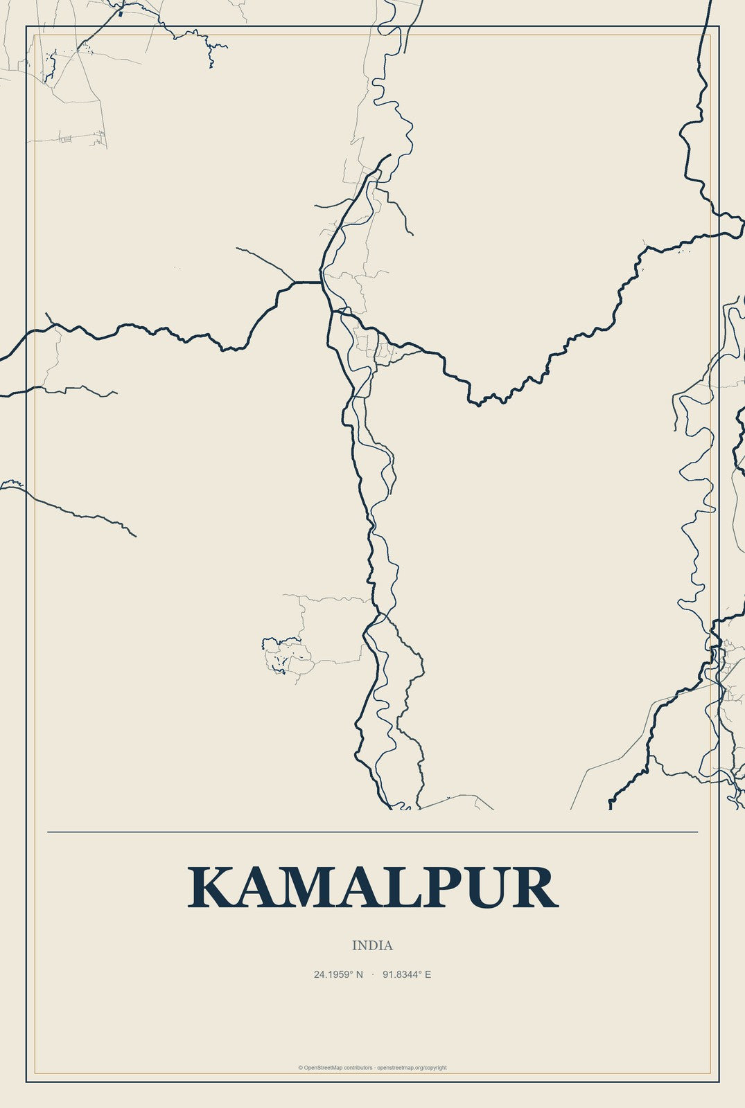 Kamalpur, India City Map Aluminum Sign in Coastal Cutout style